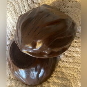 Vintage Walnut Dish - ceramic decor for candy or nuts - 70’s style with lid